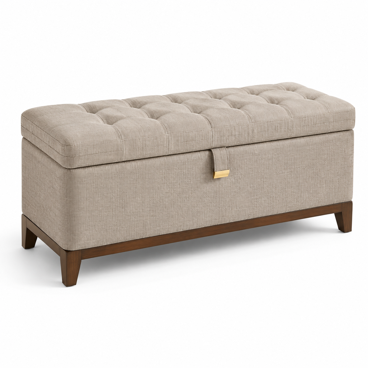 Gepolsterte Sitzbank mit Stauraum und Knopfheftung, Beige/Braun/Gold, 110 × 45 × 48 cm