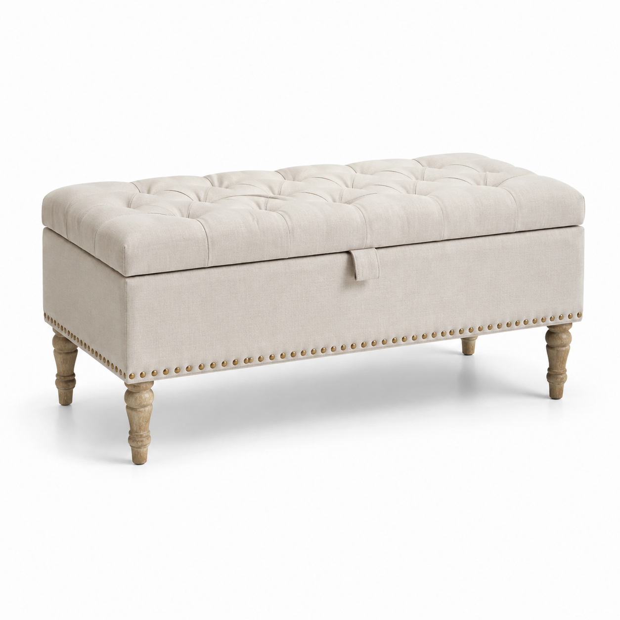Sitzbank mit Stauraum und Knopfheftung, 120 × 45 × 50 cm, Beige, mit Holzbeinen