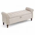 Gepolsterte Stauraumbank in Beige, 140 × 45 × 60 cm, mit Knopfheftung und Armlehnen