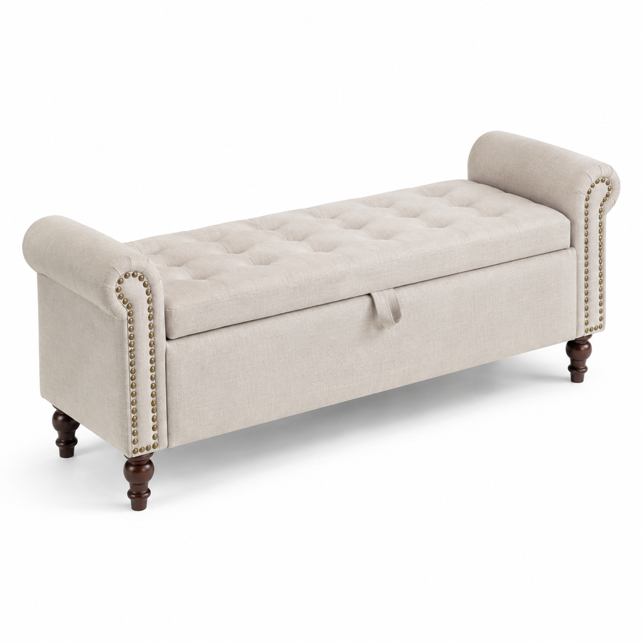 Gepolsterte Stauraumbank in Beige, 140 × 45 × 60 cm, mit Knopfheftung und Armlehnen