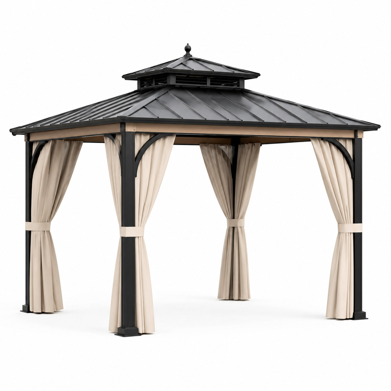 Gartenpavillon mit Hardtop und Seitenvorhängen, 400 × 300 × 285 cm, Anthrazit/Beige/Holzbraun