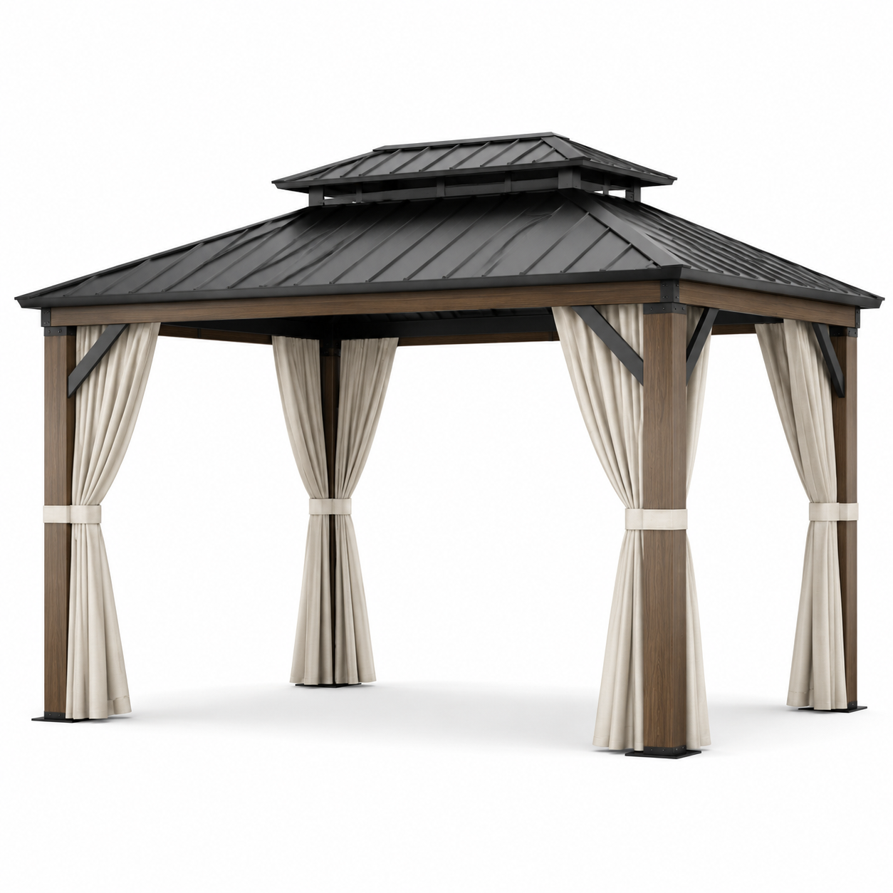 Gartenpavillon aus Holz und Metall mit Festdach und Vorhängen, 400 × 300 × 290 cm, Anthrazit/Braun/Beige