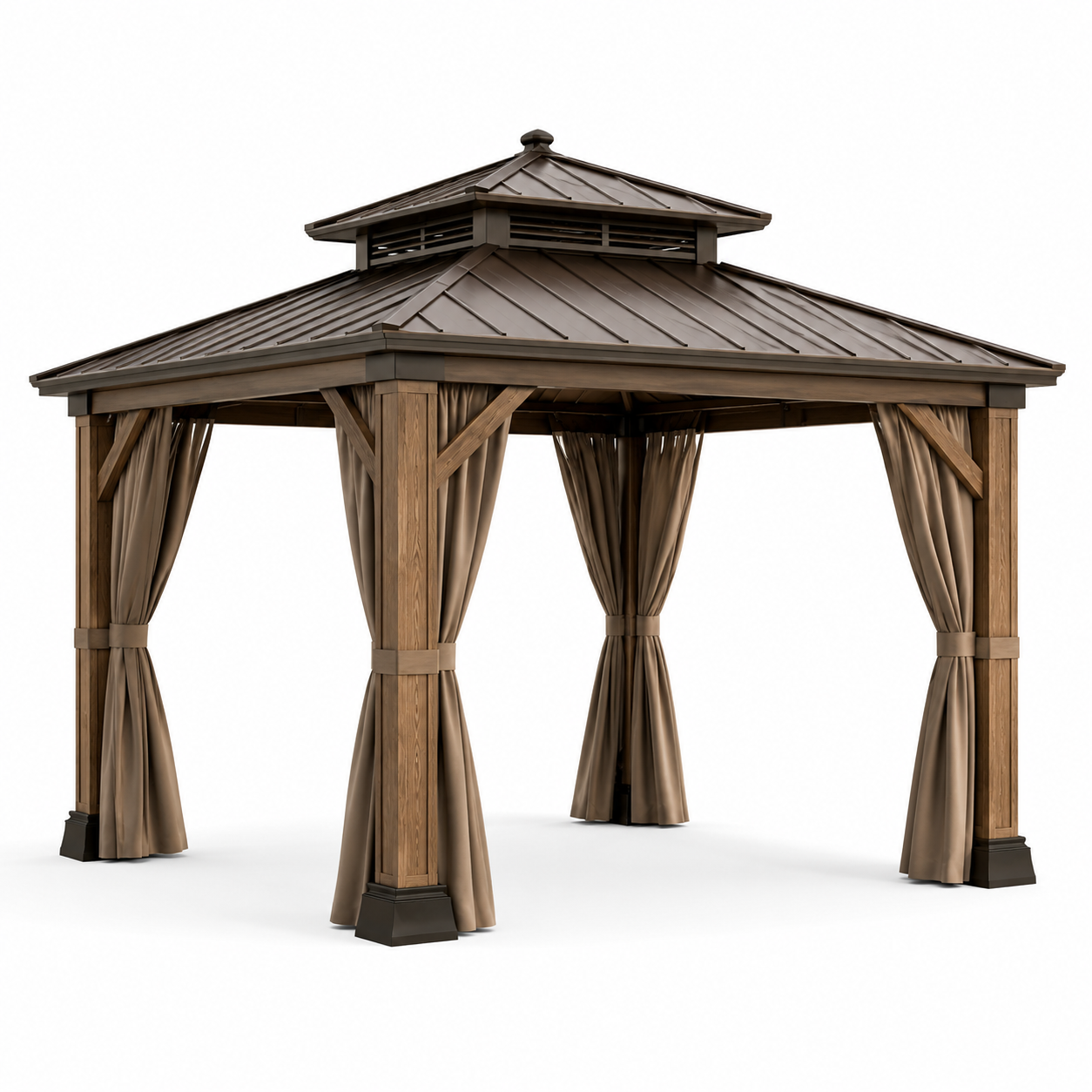 Gartenpavillon 365 × 300 × 290 cm in Braun/Dunkelbraun mit festem Metalldach und Seitenvorhängen