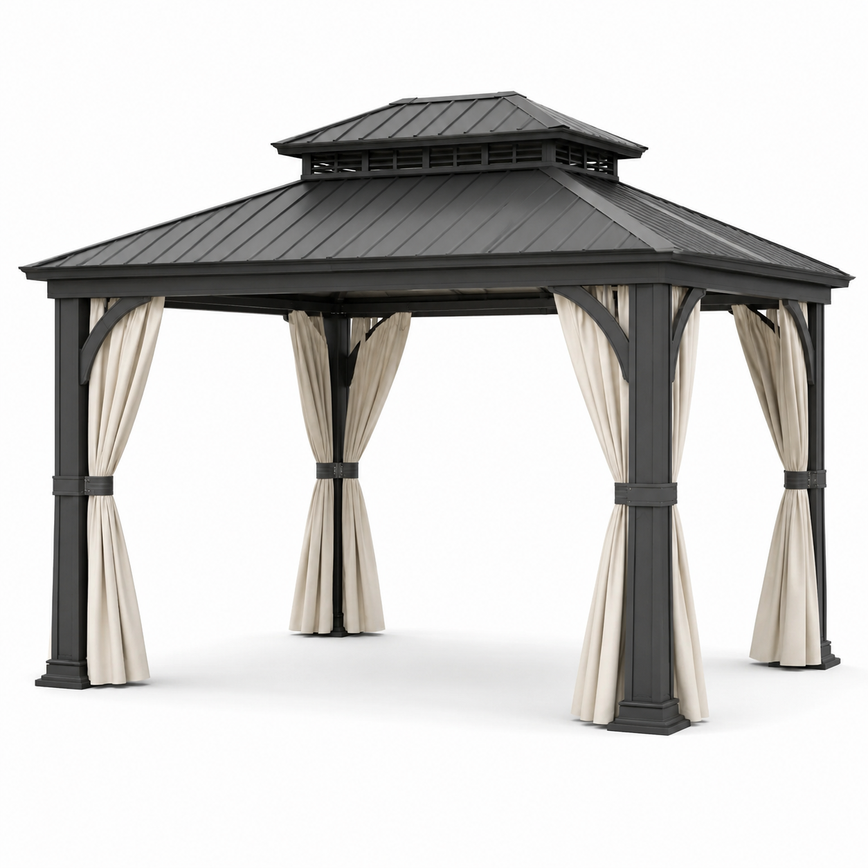 Metall-Gartenpavillon mit festem Dach und Vorhängen, Anthrazit/Creme, 400 × 300 × 310 cm