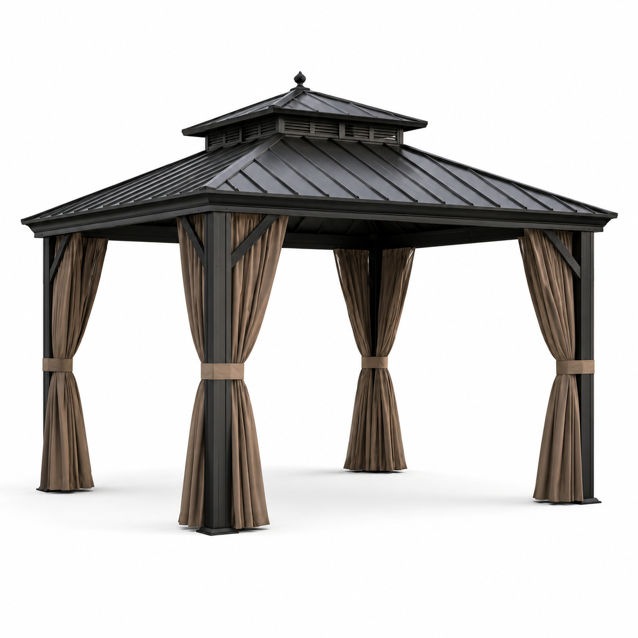 Gartenpavillon mit Metalldach und Vorhängen, 400 × 300 × 290 cm, Anthrazit/Braun