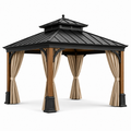 Gartenpavillon 360 × 300 × 300 cm aus Holz und Metall mit Hartdach und Vorhängen, Schwarz/Braun/Beige