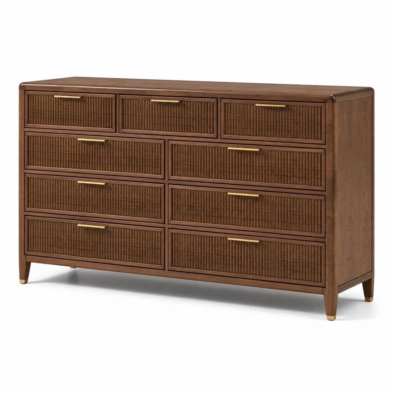 Moderne Holzkommode in Braun und Gold, 150 × 45 × 90 cm, mit 9 Schubladen