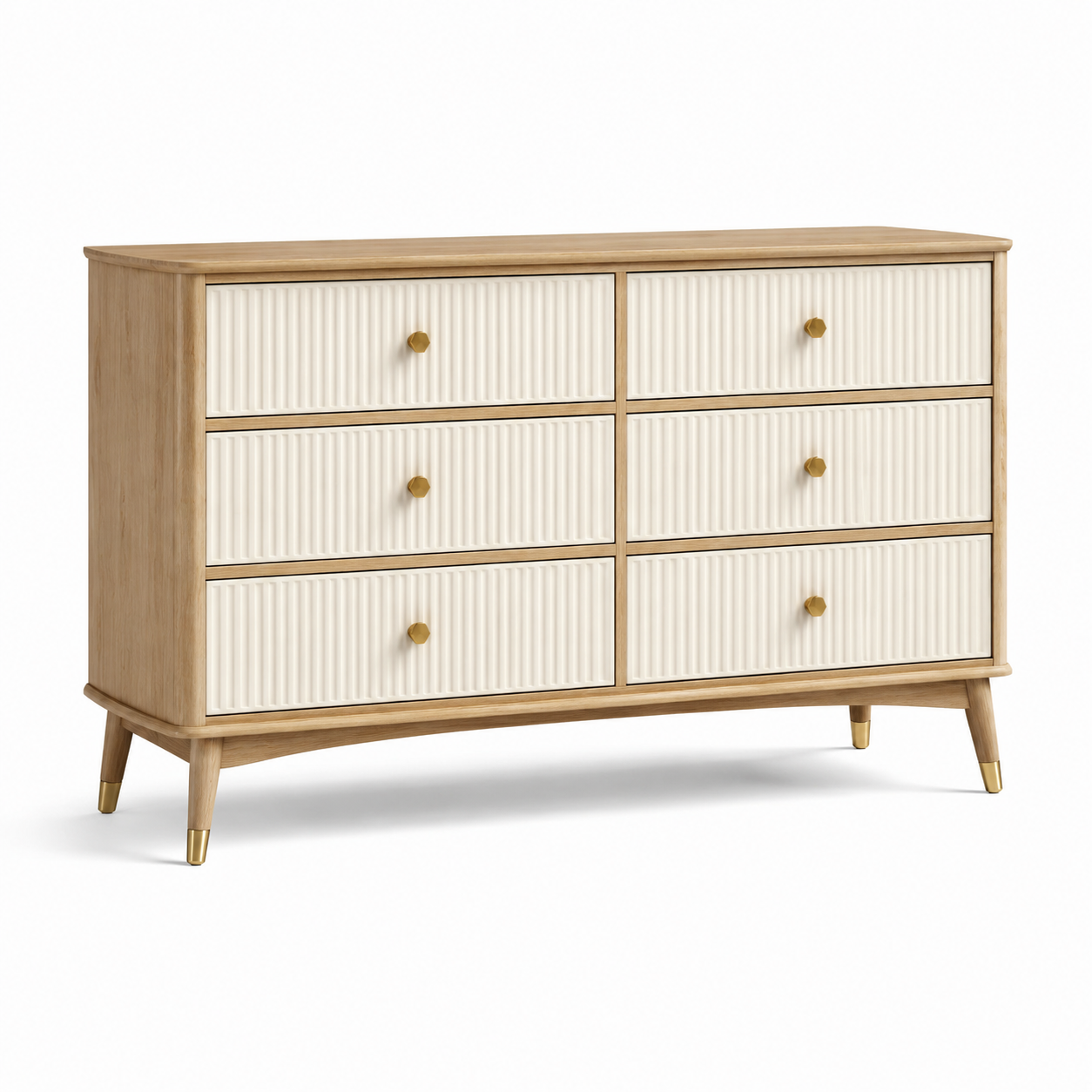 Kommode mit 6 geriffelten Schubladen, Natur/Weiß/Gold, 140 × 40 × 82 cm