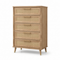 Hohe Kommode mit 5 Schubladen und Rattangeflecht, Naturfarben/Beige/Goldfarben, 80 × 40 × 120 cm