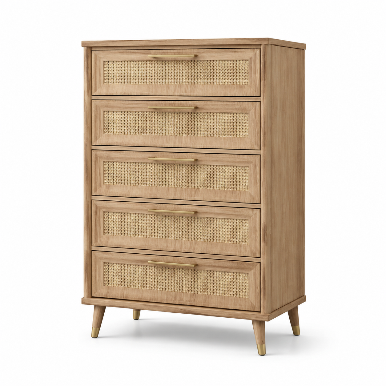 Hohe Kommode mit 5 Schubladen und Rattangeflecht, Naturfarben/Beige/Goldfarben, 80 × 40 × 120 cm
