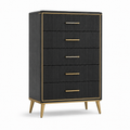 Hohe Kommode mit 5 Schubladen, 70 × 40 × 115 cm, Holzwerkstoff und Metall, Schwarz/Goldfarben