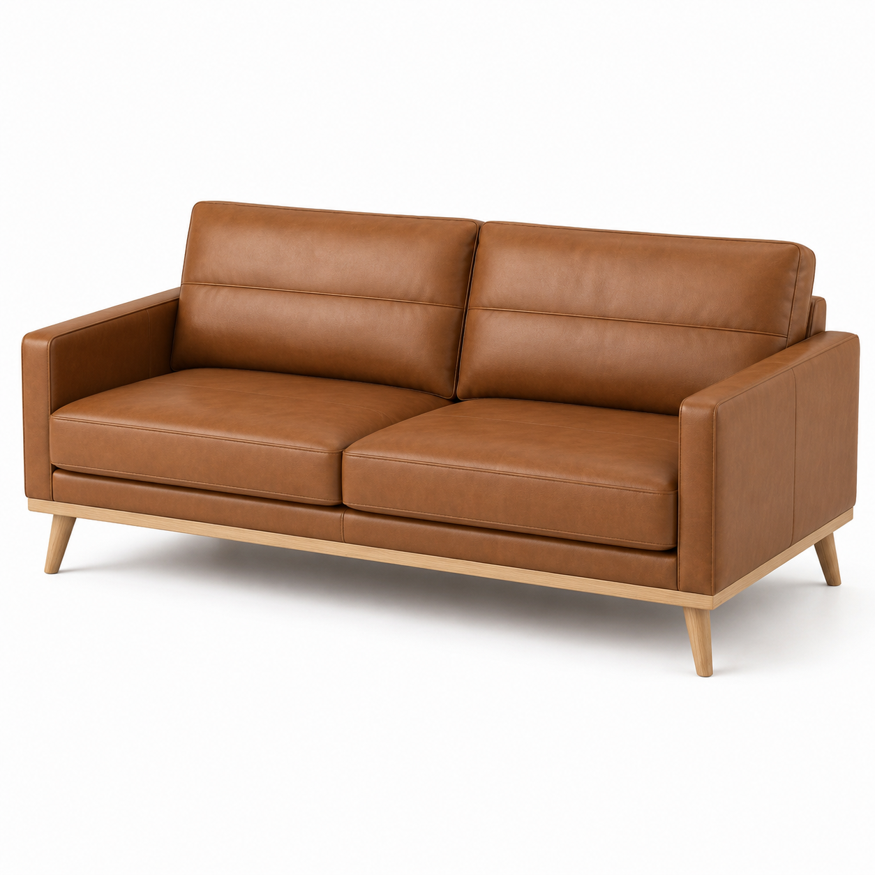 2-Sitzer-Sofa, 190 × 85 × 83 cm, Braun/Natur, Bezug in Lederoptik, Holzfüße, Mid-Century-Stil