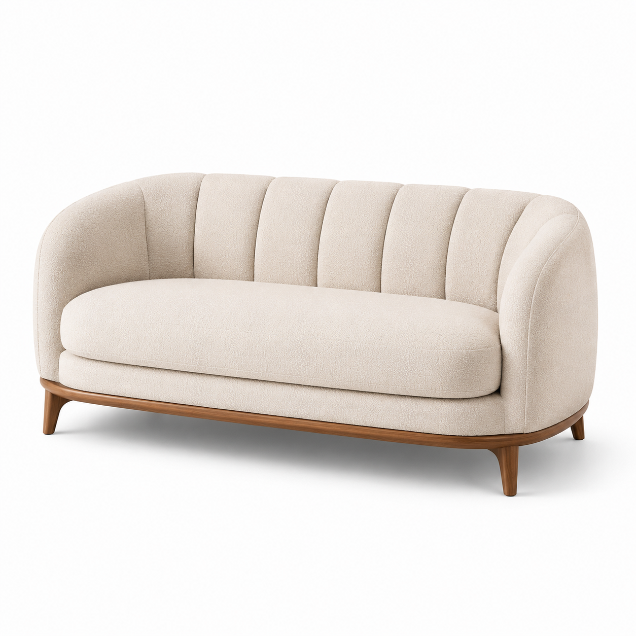Modernes 3-Sitzer-Sofa aus Strukturstoff in Creme mit braunem Holzgestell, 220 × 90 × 82 cm