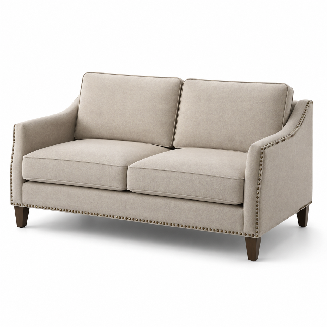 2-Sitzer-Sofa 160 × 85 × 90 cm mit beigem Textilbezug, Ziernagelbesatz und dunkelbraunen Holzfüßen