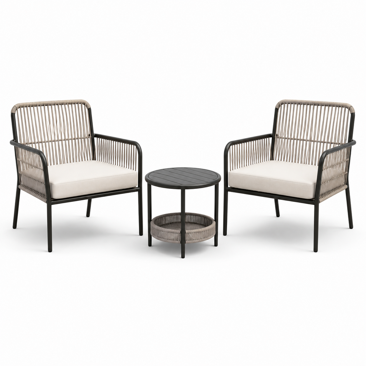 3-teilige Garten-Sitzgruppe mit 2 Sesseln 69 × 74 × 86 cm und rundem Tisch 50 × 50 cm, Schwarz/Greige/Creme