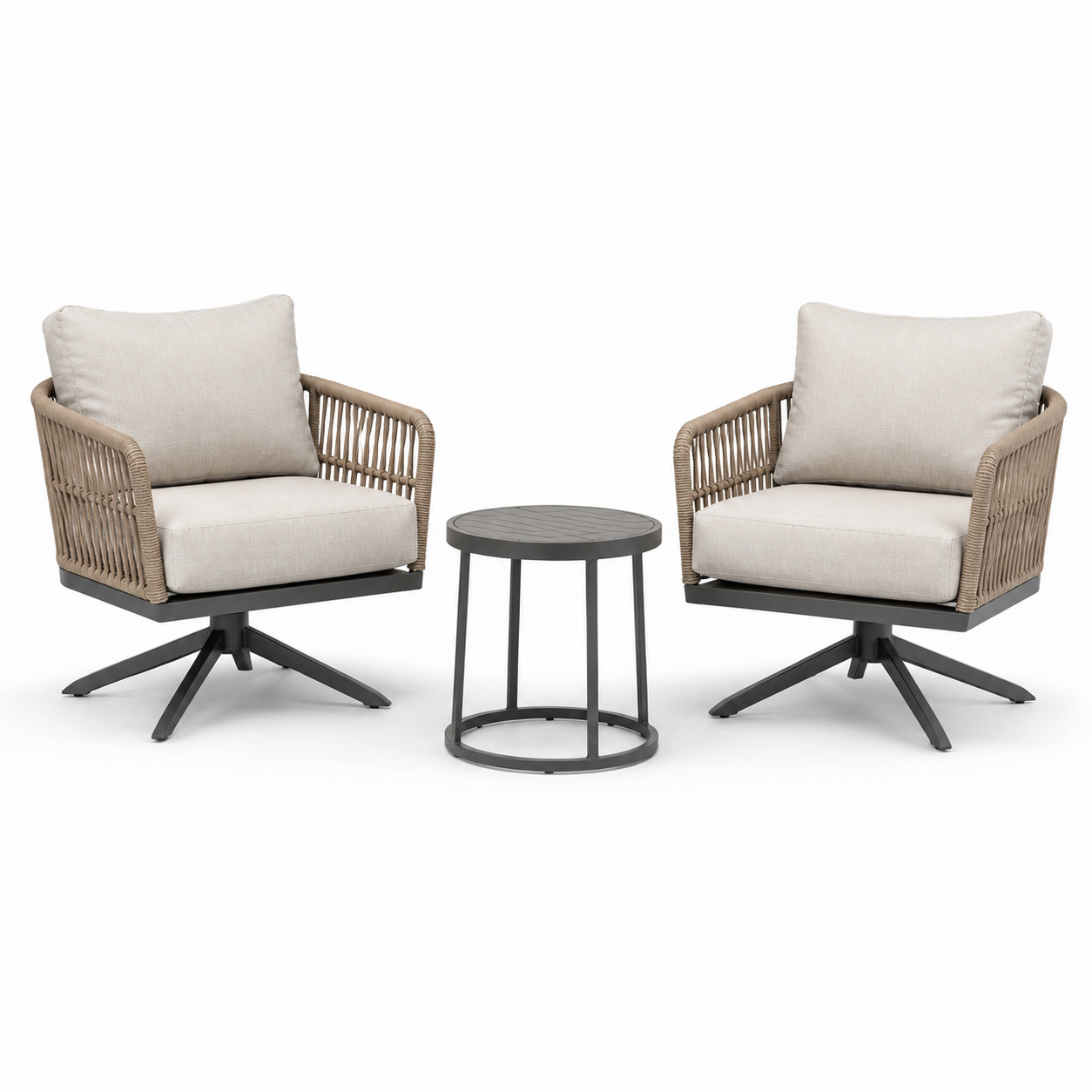 3-teiliges Gartenmöbel-Set mit 2 Drehsesseln 75 × 78 × 82 cm und Beistelltisch Ø 50 × 52 cm, Beige/Taupe/Anthrazit