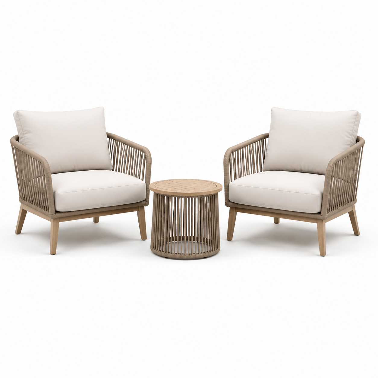 3-teiliges Gartenmöbel-Set Taupe/Creme/Hellbraun – 2 Sessel je 74 × 78 × 82 cm und Beistelltisch Ø 50 × 48 cm