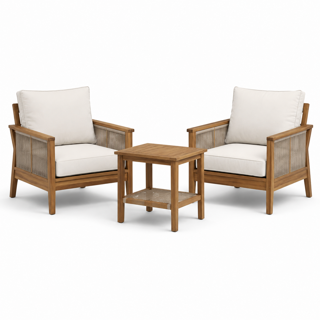 3-teiliges Gartenmöbel-Set aus Holz und Seilgeflecht, Braun/Cremeweiß/Beige, Sessel 75 × 78 × 83 cm, Tisch 60 × 60 × 55 cm