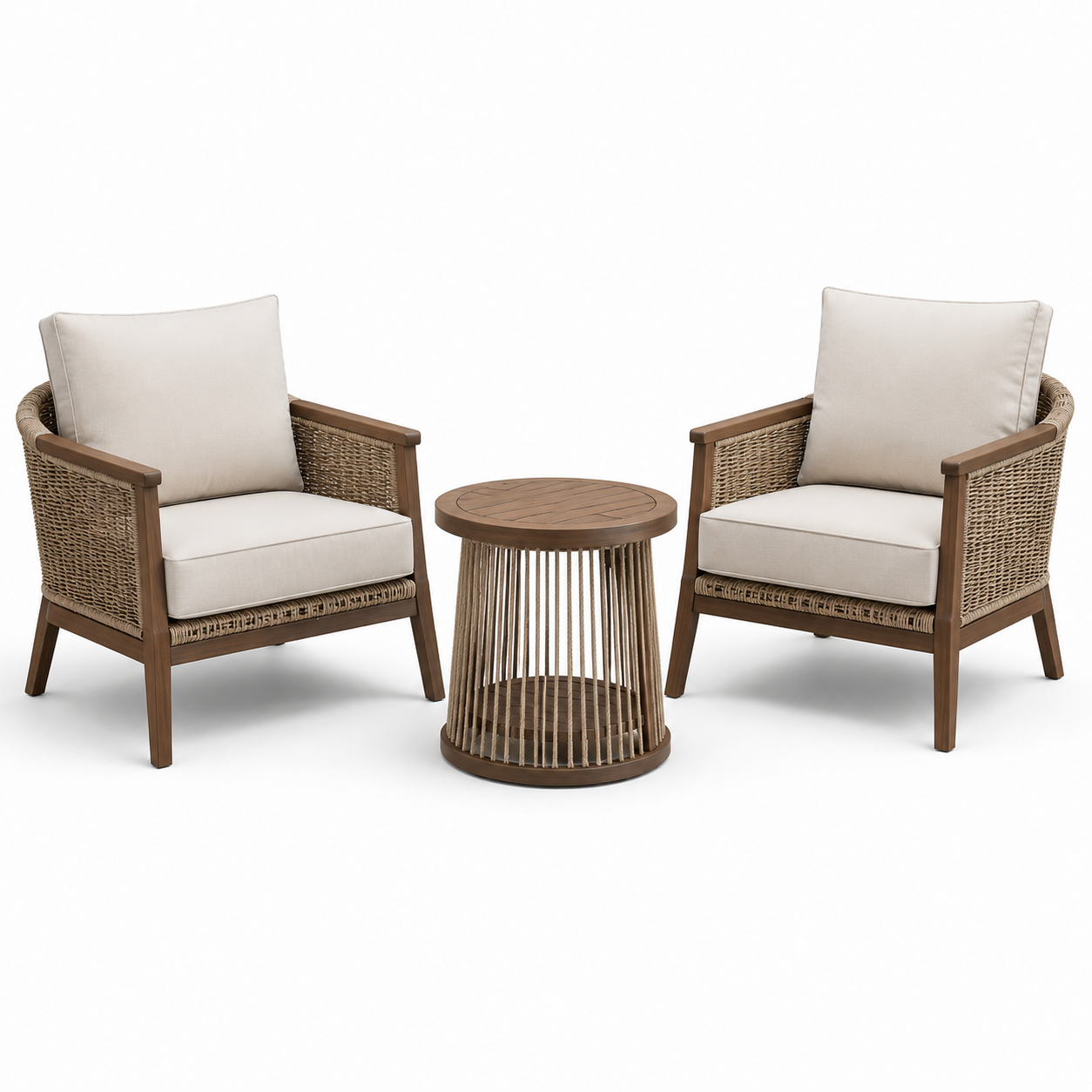 Dreiteiliges Gartenmöbel-Set Braun/Beige, 2 Sessel je 73 × 78 × 86 cm und Beistelltisch Ø 55 × 55 cm