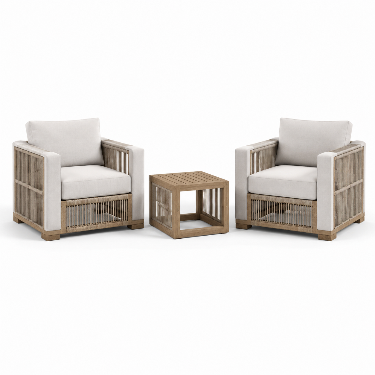 3-teilige Garten-Sitzgruppe mit 2 Sesseln 78 × 78 × 75 cm und Beistelltisch 50 × 50 × 45 cm, Beige/Naturbraun