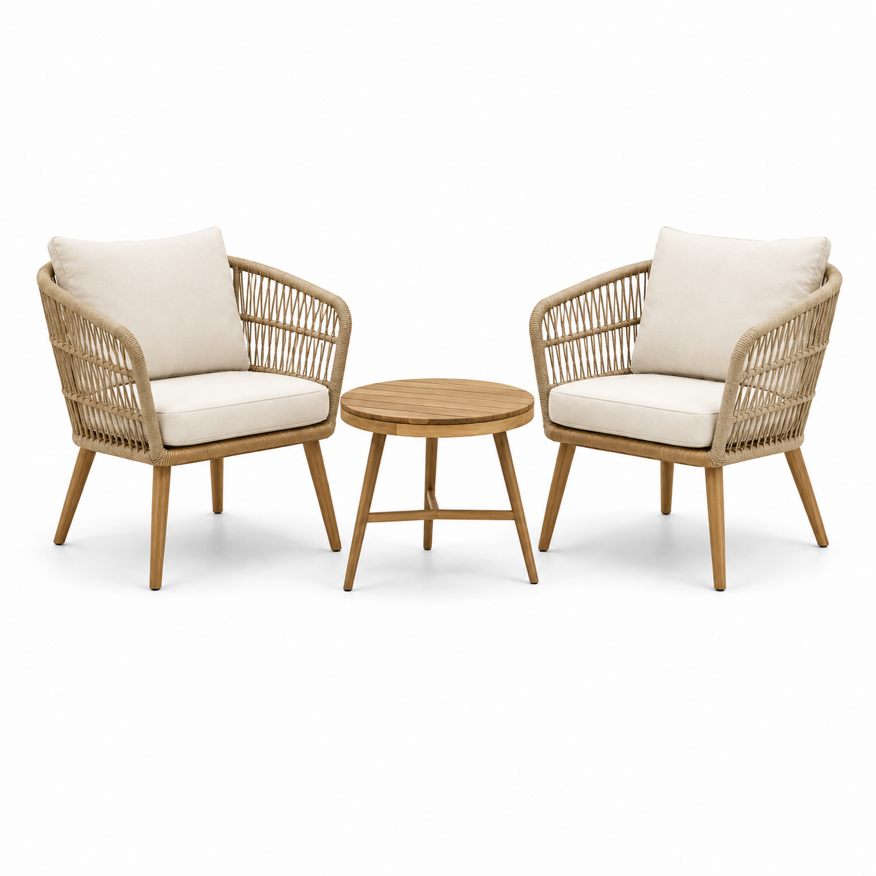 3-teiliges Gartenmöbel-Set mit 2 Gartensesseln 76 × 75 × 82 cm und Beistelltisch Ø 60 × 45 cm, Naturfarben/Creme