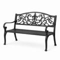 Schwarze Gartenbank aus Metall mit floralen Ornamenten und Armlehnen, 127 × 60 × 85 cm