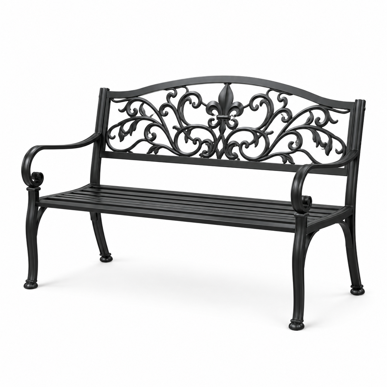 Schwarze Gartenbank aus Metall mit floralen Ornamenten und Armlehnen, 127 × 60 × 85 cm