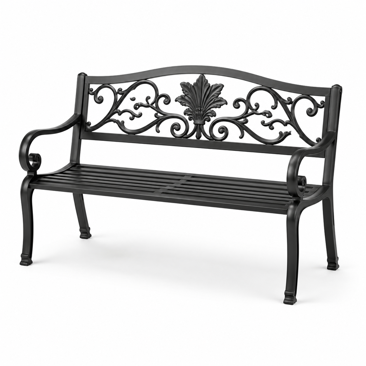 Gartenbank aus Metall, Schwarz, 127 × 60 × 85 cm, 2-Sitzer mit ornamentaler Rückenlehne