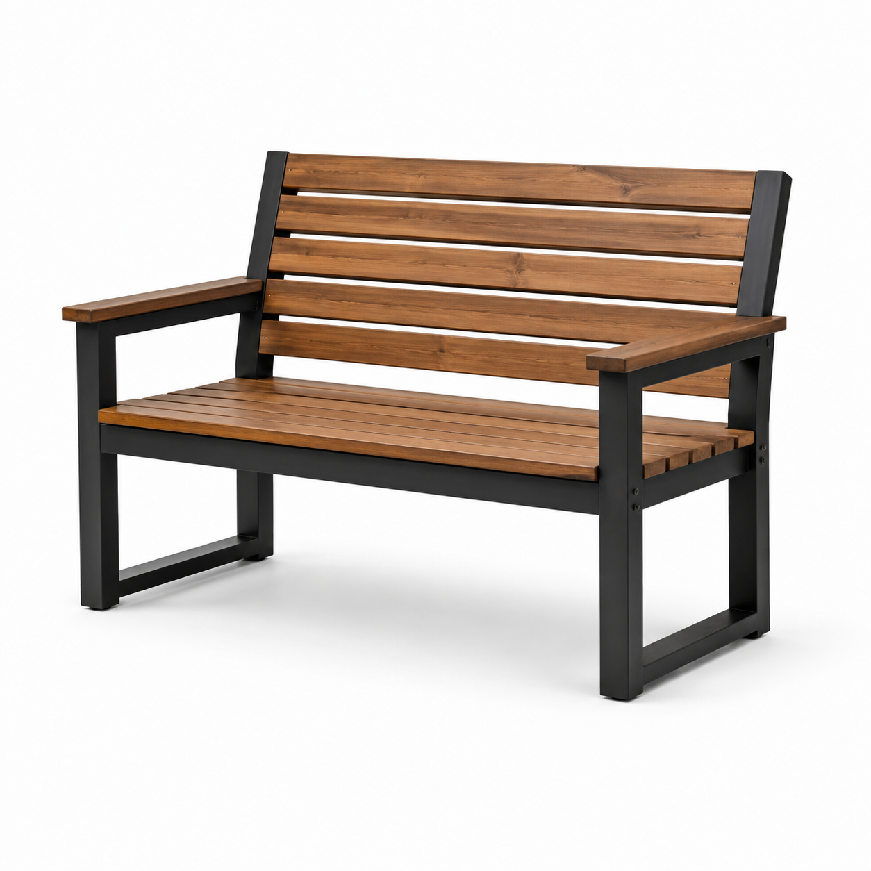 Gartenbank aus Holz und Metall, 120 × 60 × 85 cm, Braun/Schwarz, Zweisitzer mit Armlehnen