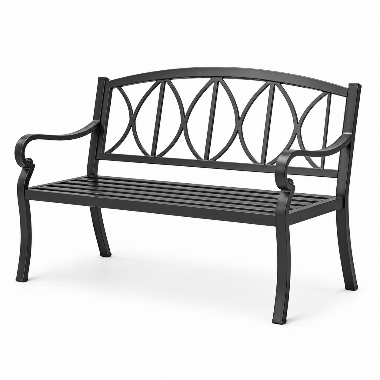 Schwarze Metall-Gartenbank für 2 Personen mit Armlehnen, 127 × 60 × 85 cm