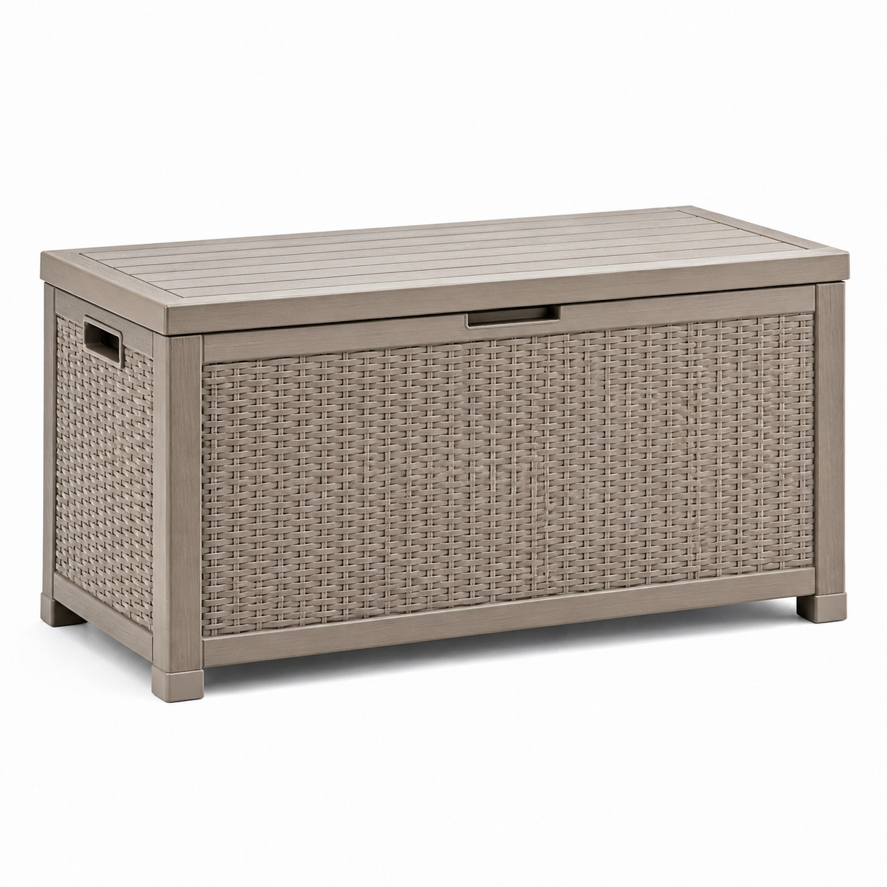 Garten-Aufbewahrungsbox in Taupe, 120 × 55 × 60 cm, Kunststoff in Rattanoptik mit Klappdeckel