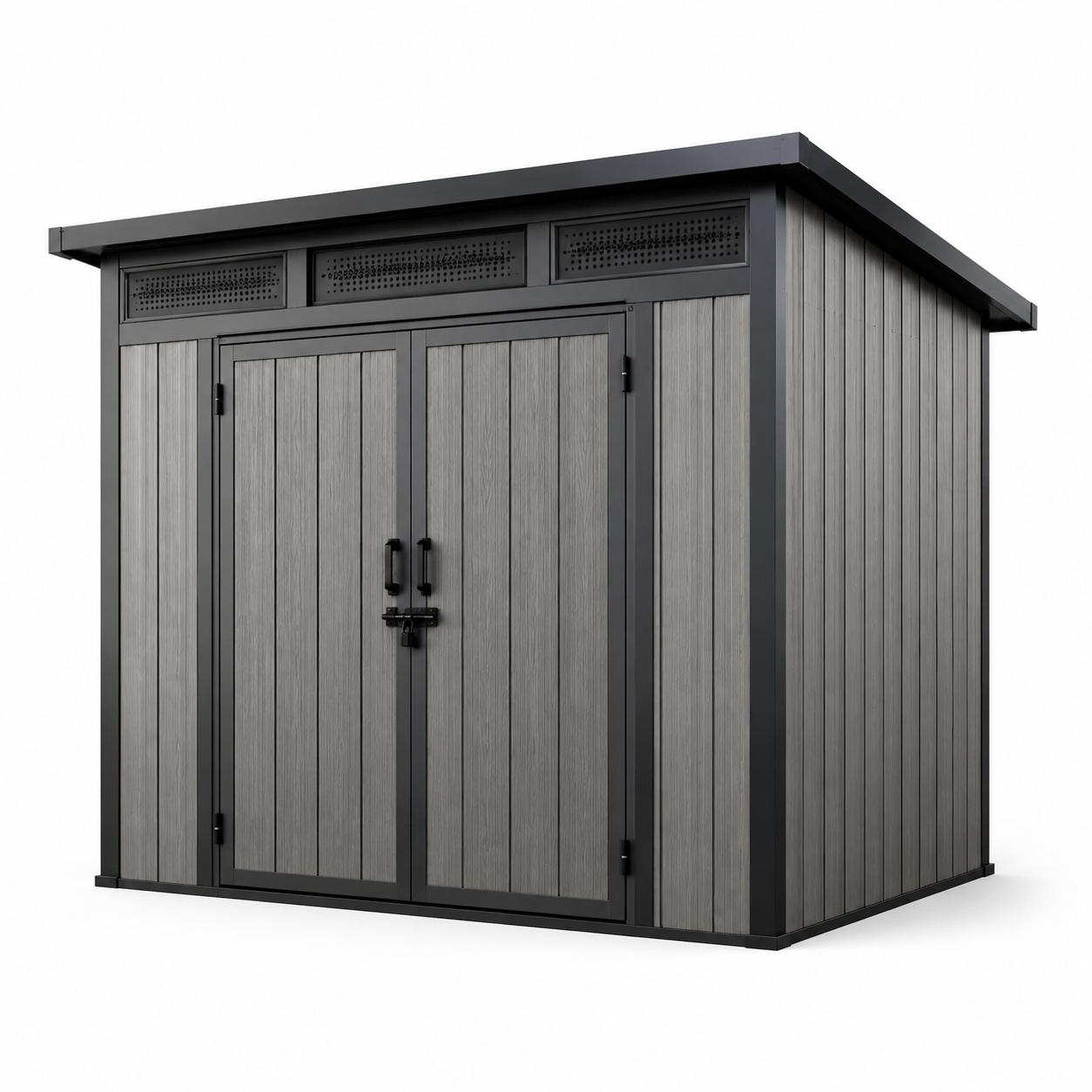 Gerätehaus aus Metall und Kunststoff, 200 × 130 × 190 cm, Grau/Schwarz, mit abschließbarer Doppeltür