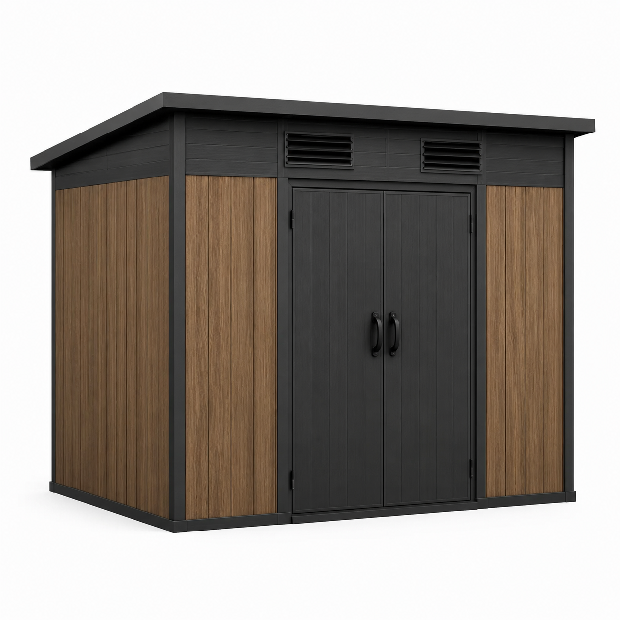 Gartenhaus aus Metall und WPC mit Doppeltür und Pultdach, 240 × 180 × 210 cm, Schwarz/Braun