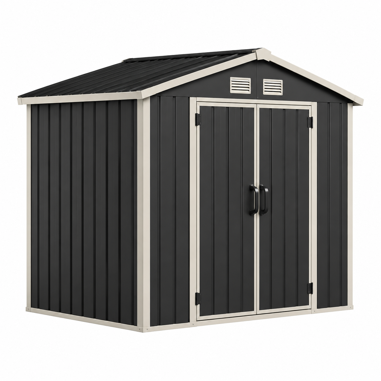 Metall-Gerätehaus 213 × 127 × 185 cm, Anthrazit/Cremeweiß/Schwarz, mit Doppeltür und Lüftungsöffnungen