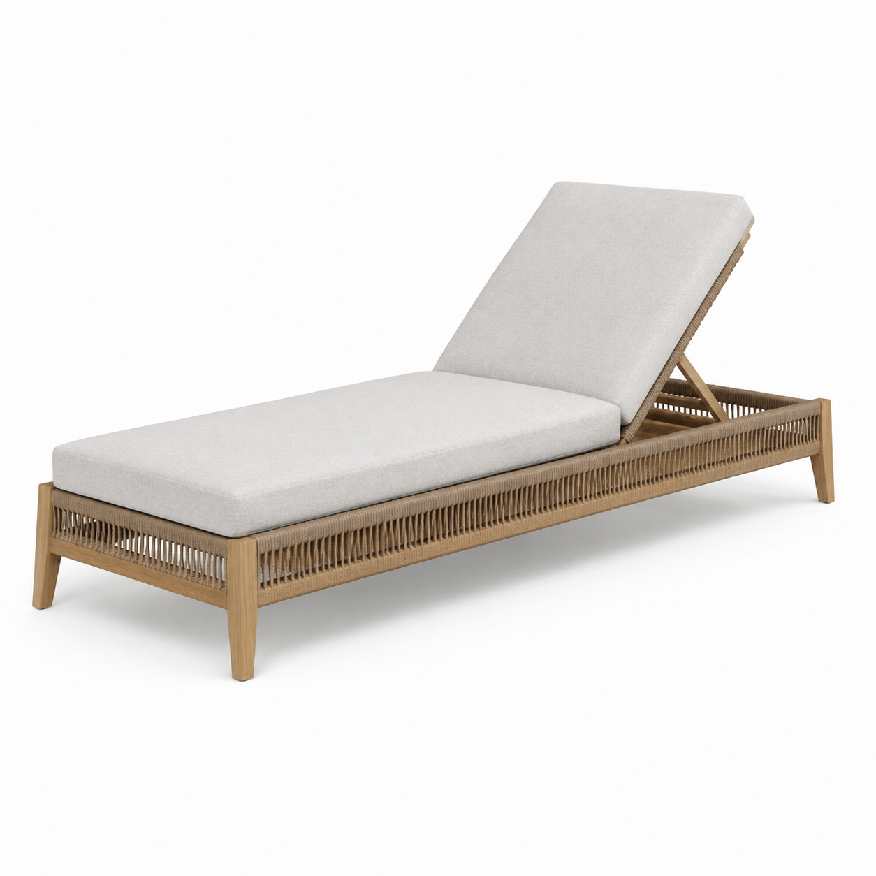 Verstellbare Gartenliege aus Holz mit Seilgeflecht und Polsterauflage, Beige/Naturbraun, 200 × 75 × 95 cm