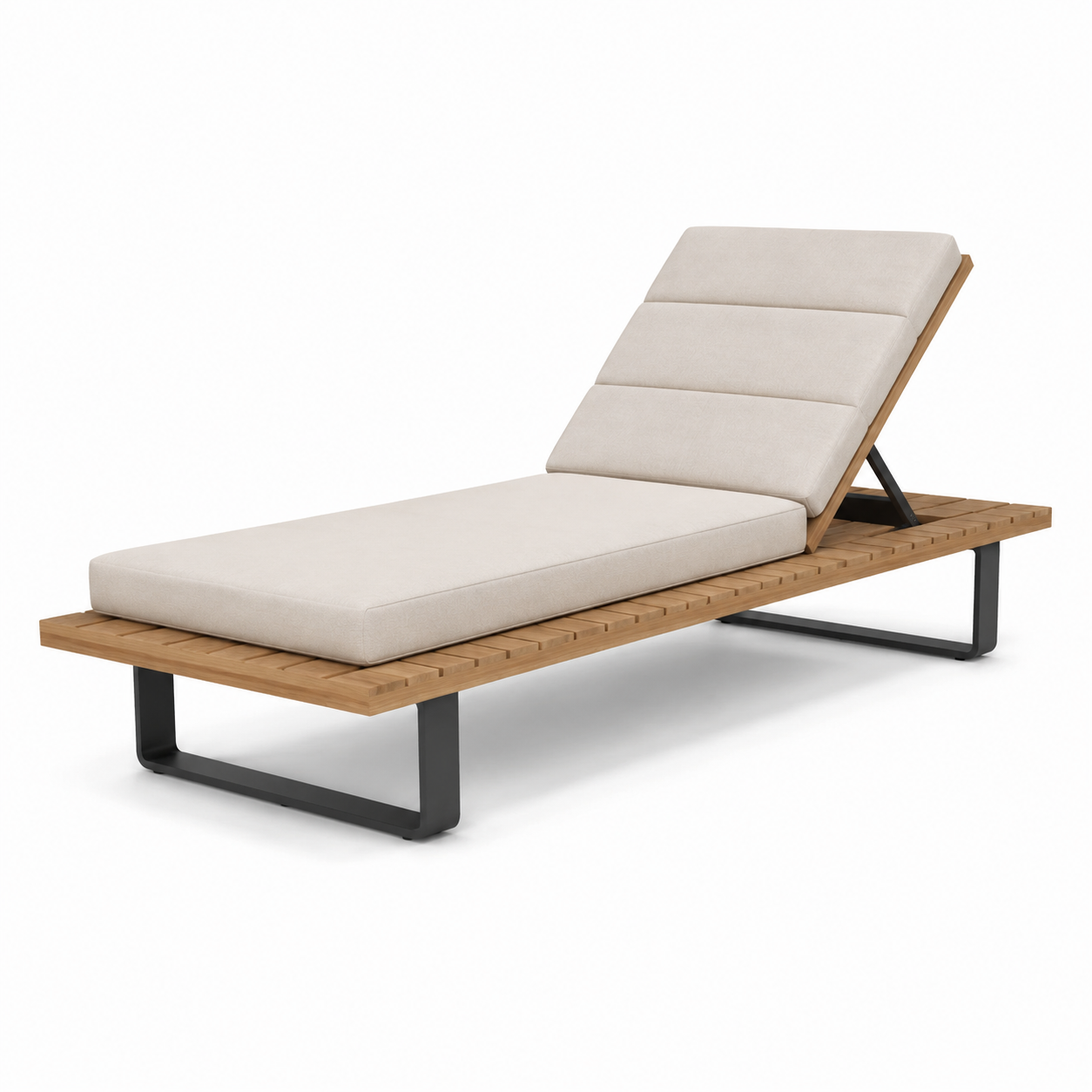 Gartenliege aus Holz und Metall mit beiger Polsterauflage und verstellbarer Rückenlehne, 200 × 75 × 85 cm