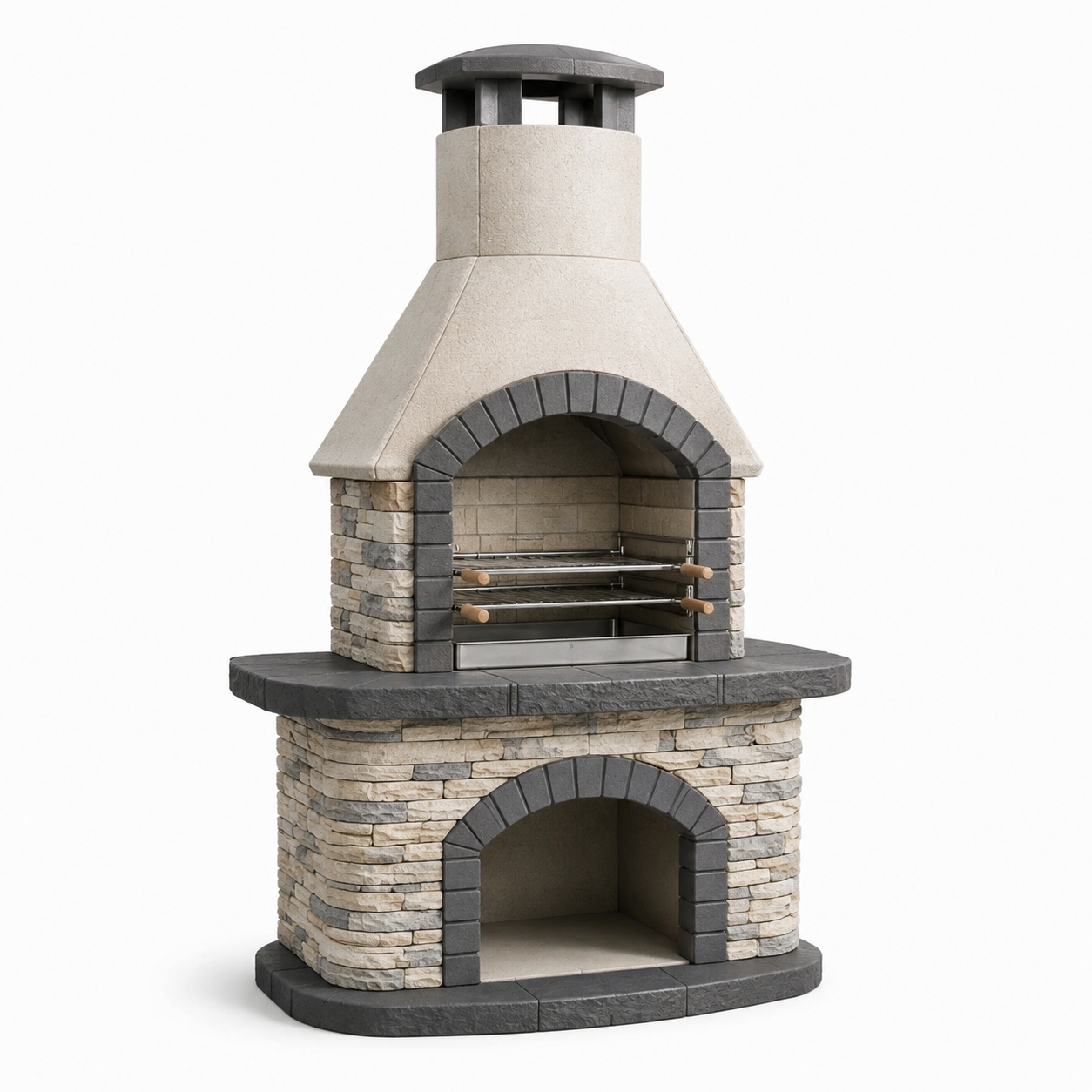 Grillkamin aus Betonwerkstein mit zwei Grillrosten und Ablagefach, 110 × 65 × 210 cm, Beige/Anthrazit/Grau