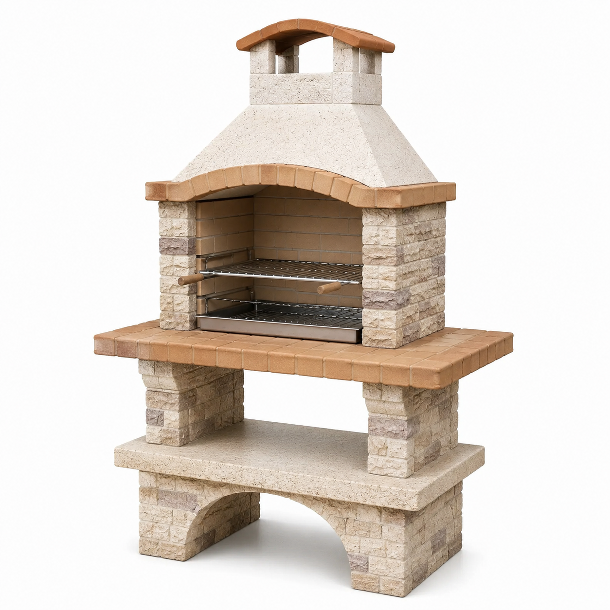 Gartengrill aus Betonwerkstein in Beige und Terrakotta, 110 × 65 × 210 cm, mit Kamin und verstellbaren Grillrosten