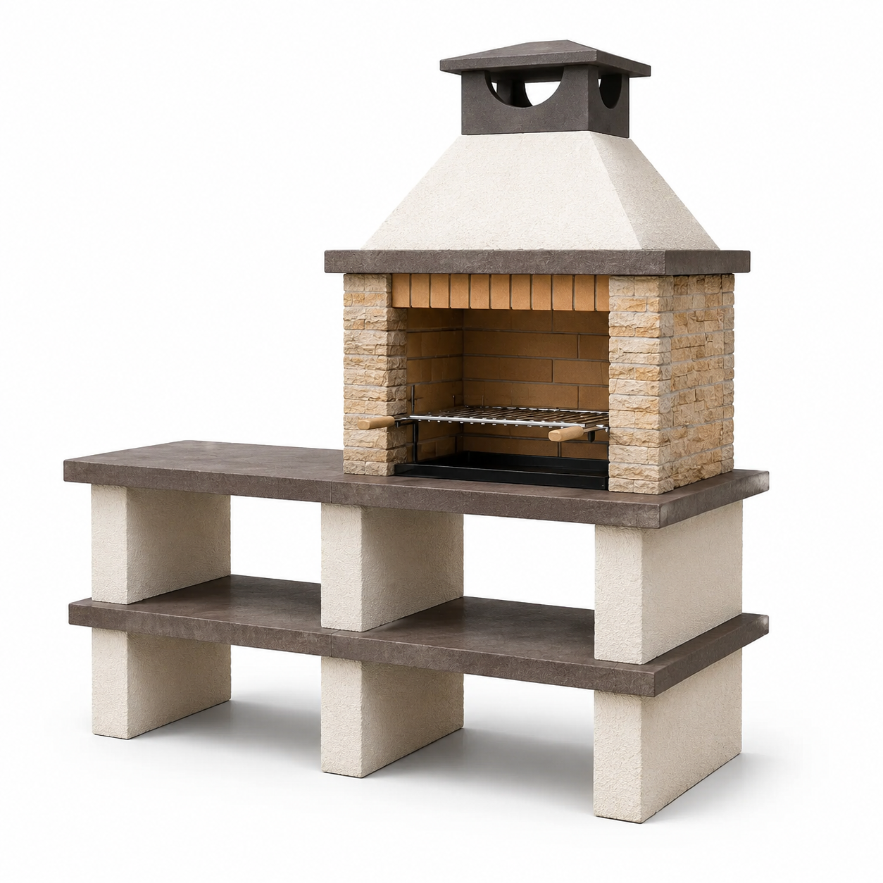 Beton-Gartengrill mit Stahlrost, Arbeitsfläche und Rauchabzug, 160 × 65 × 190 cm, Beige/Braun/Schwarz