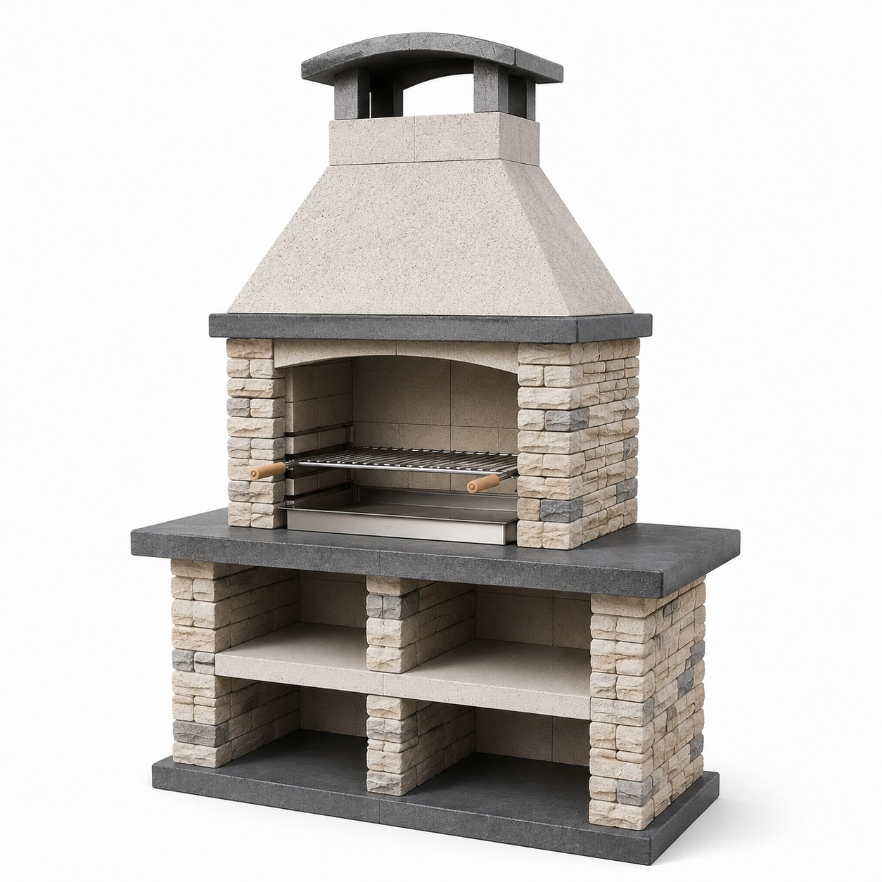 Betonstein-Gartengrill mit Kamin, Grillrost und Ablagefächern, 160 × 70 × 230 cm, Beige/Grau/Silber