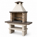 Gartengrill aus Beton in Natursteinoptik mit Kaminhaube, Grillrost und Ablage, Beige/Braun/Grau/Schwarz, 160 × 70 × 220 cm