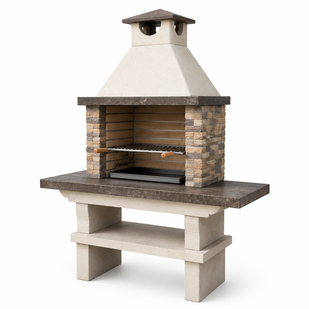 Gartengrill aus Beton in Natursteinoptik mit Kaminhaube, Grillrost und Ablage, Beige/Braun/Grau/Schwarz, 160 × 70 × 220 cm