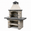 Steingrill mit Kamin, höhenverstellbarem Metallrost und Ablagefach, 160 × 70 × 220 cm, Grau/Beige/Schwarz