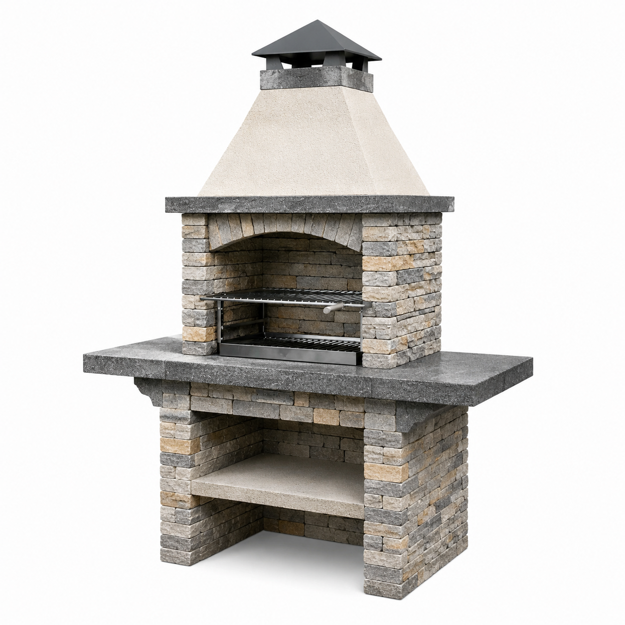 Steingrill mit Kamin, höhenverstellbarem Metallrost und Ablagefach, 160 × 70 × 220 cm, Grau/Beige/Schwarz