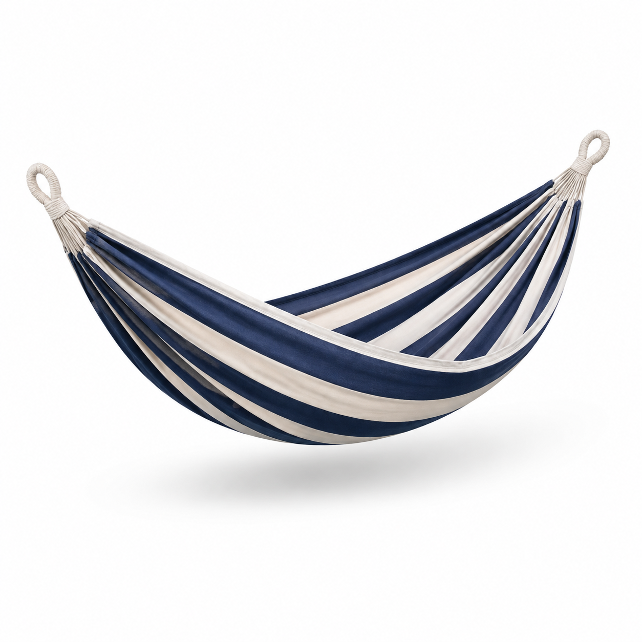 Gestreifte Hängematte aus Textilgewebe mit Aufhängeschlaufen, 280 × 150 × 1 cm, Marineblau/Cremeweiß