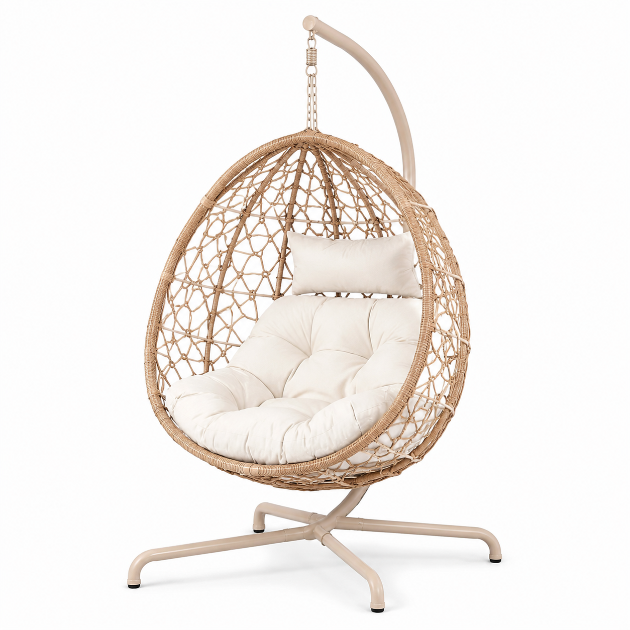 Freistehender Hängesessel mit Gestell, Sitzpolster und Kopfkissen, Natur/Creme/Beige, 105 × 105 × 195 cm
