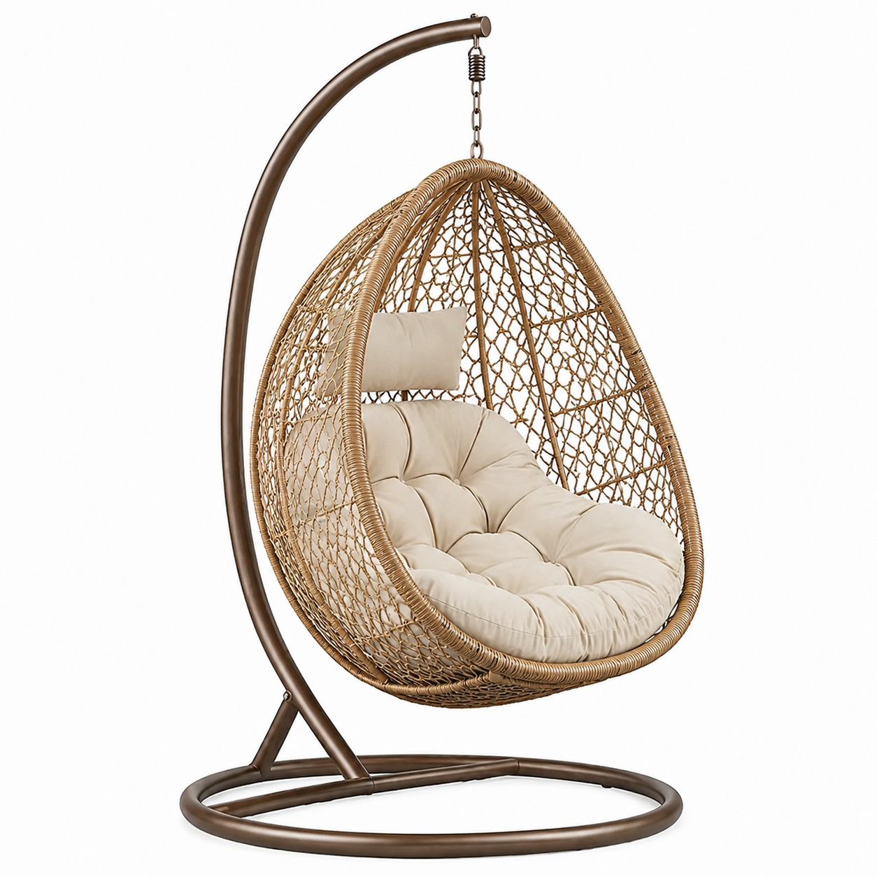 Hängesessel mit freistehendem Gestell und Polstern, 105 × 105 × 195 cm, Braun/Beige
