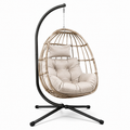 Freistehender Hängesessel mit Stahlgestell und Polstern, 105 × 105 × 195 cm, Beige/Naturbraun/Schwarz